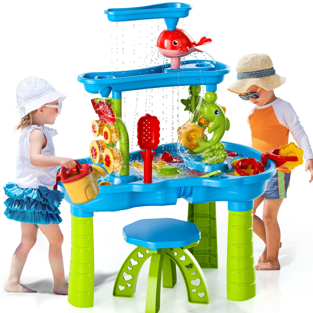 Zand- en Waterspeeltafel Kinderen met 3 Lagen en 15 Accessoires – Duurzaam en Veilig Buiten Speelplezier