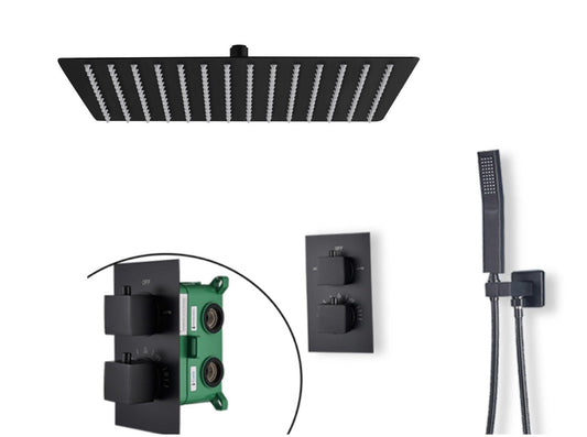 VoordeelPaleis® Thermostatische Doucheset Manhattan Premium 12 inch 30 cm regendouche vierkant 2-weg zwart inbouw