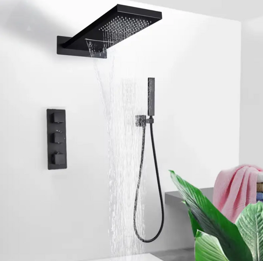 SaniSupreme Doucheset BlackLine Wellness  regendouche en waterval  vierkant 3-weg zwart inbouw