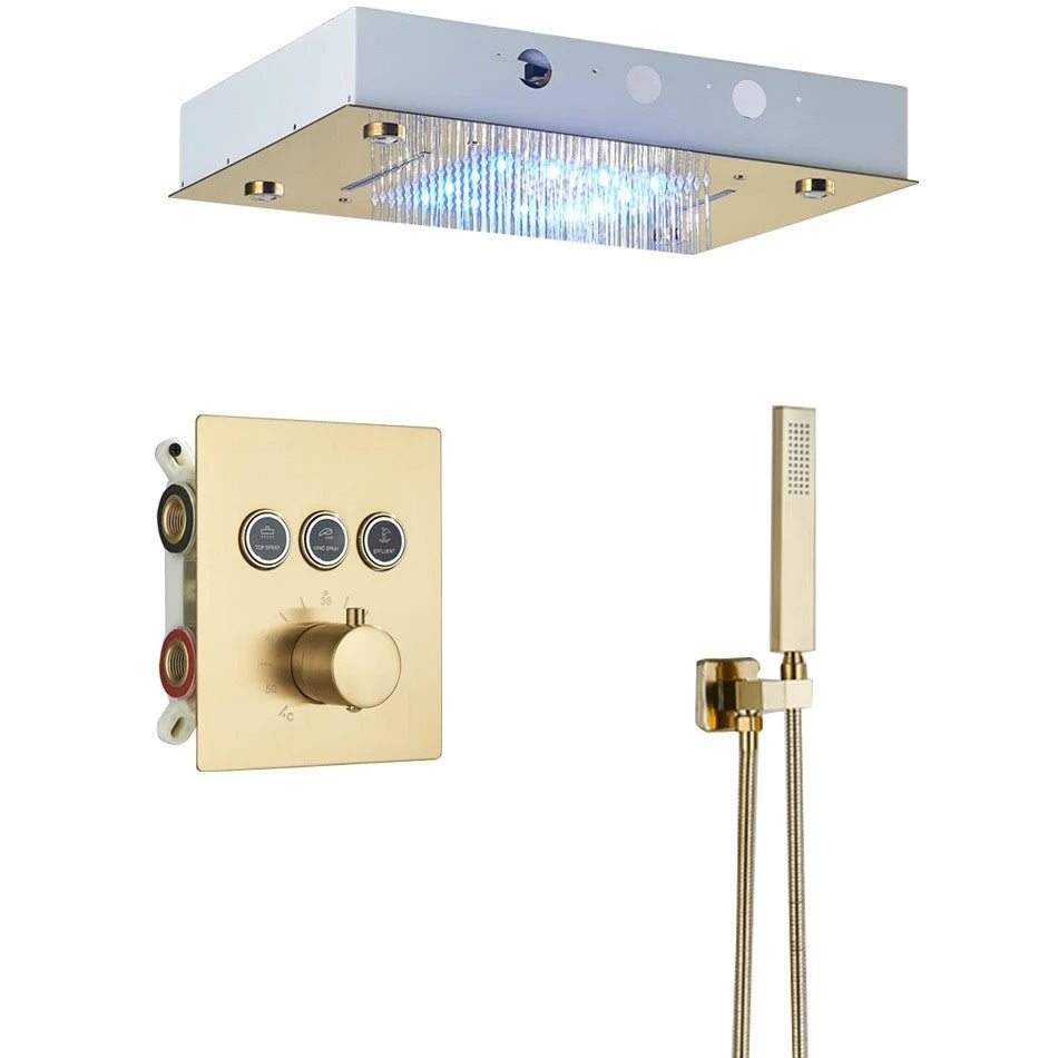 VoordeelPaleis® SmartPulse Plafond Thermostatische Komplete Doucheset Alicante 3 weg Inbouw Plafond LED regendouche La Paz Goud Geborsteld