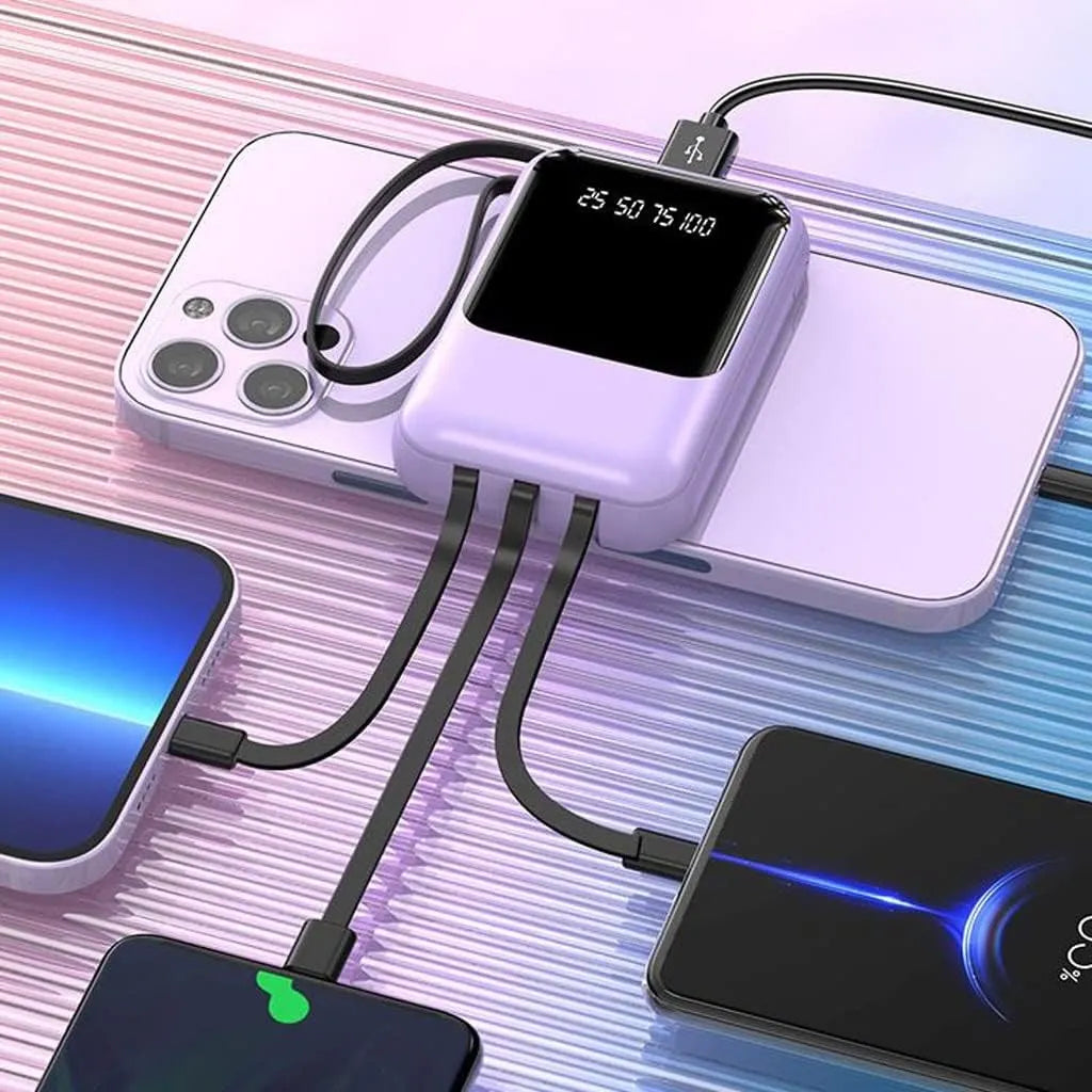 Compacte Powerbank 10 000 mAh met Ingebouwde Kabels en LED-display