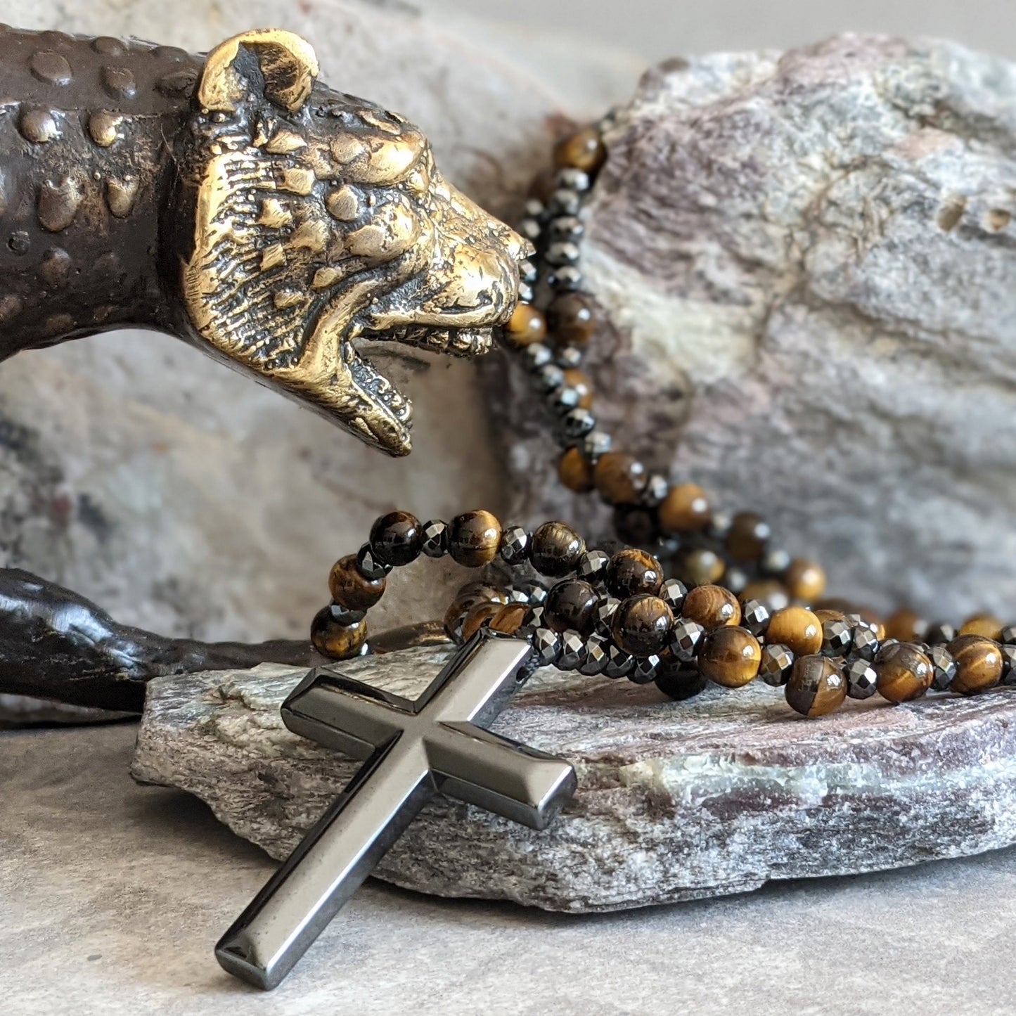 Orion Spirituele Ketting met Tijgeroog & Lapis Lazuli – Heren Rozenkrans