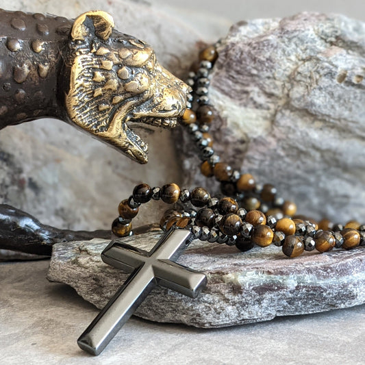 Orion Spirituele Ketting met Tijgeroog & Lapis Lazuli – Heren Rozenkrans