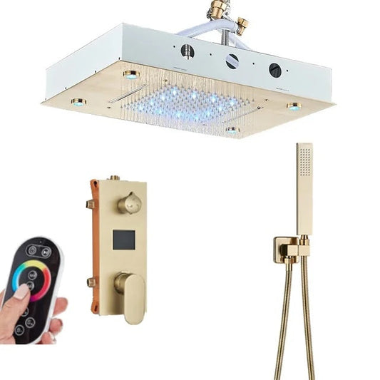 VoordeelPaleis® SmartPulse Plafond Thermostatische Doucheset Manhattan LCD 3 weg Inbouw Plafond LED regendouche La Paz Goud Geborsteld