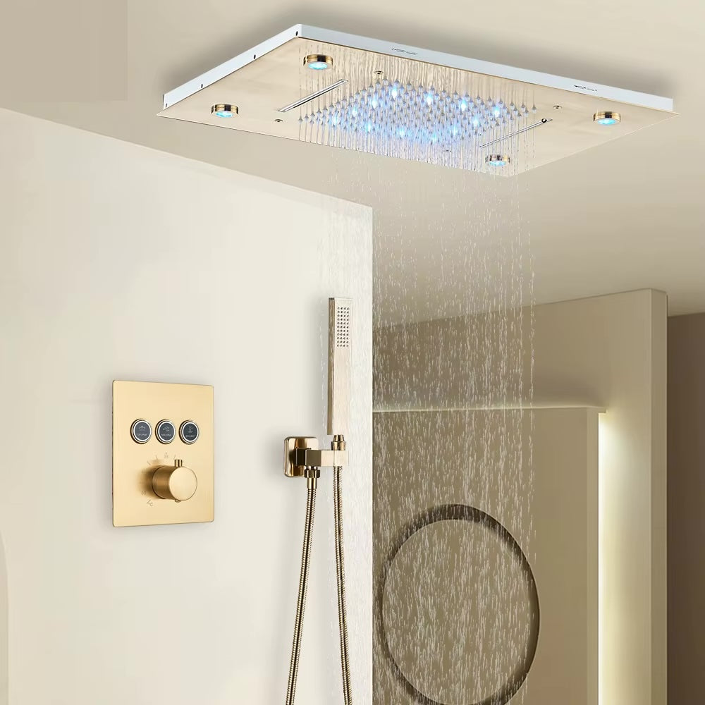 VoordeelPaleis® SmartPulse Plafond Thermostatische Komplete Doucheset Alicante 3 weg Inbouw Plafond LED regendouche La Paz Goud Geborsteld