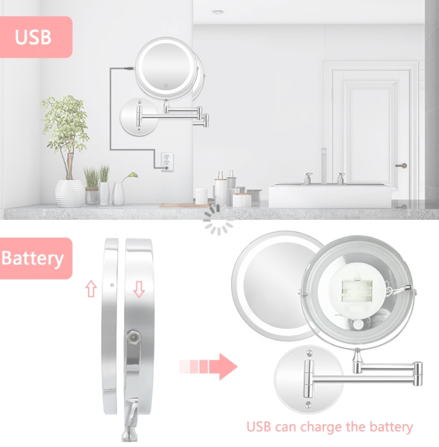Make-up en Scheerspiegel VoordeelPaleis® Bari Ø17cm LED Verlichting USB 3x Vergroting Chroom