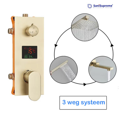 VoordeelPaleis® Doucheset Manhattan Premium de Luxe LCD 30 cm. regendouche vierkant 3-weg Geborsteld Goud