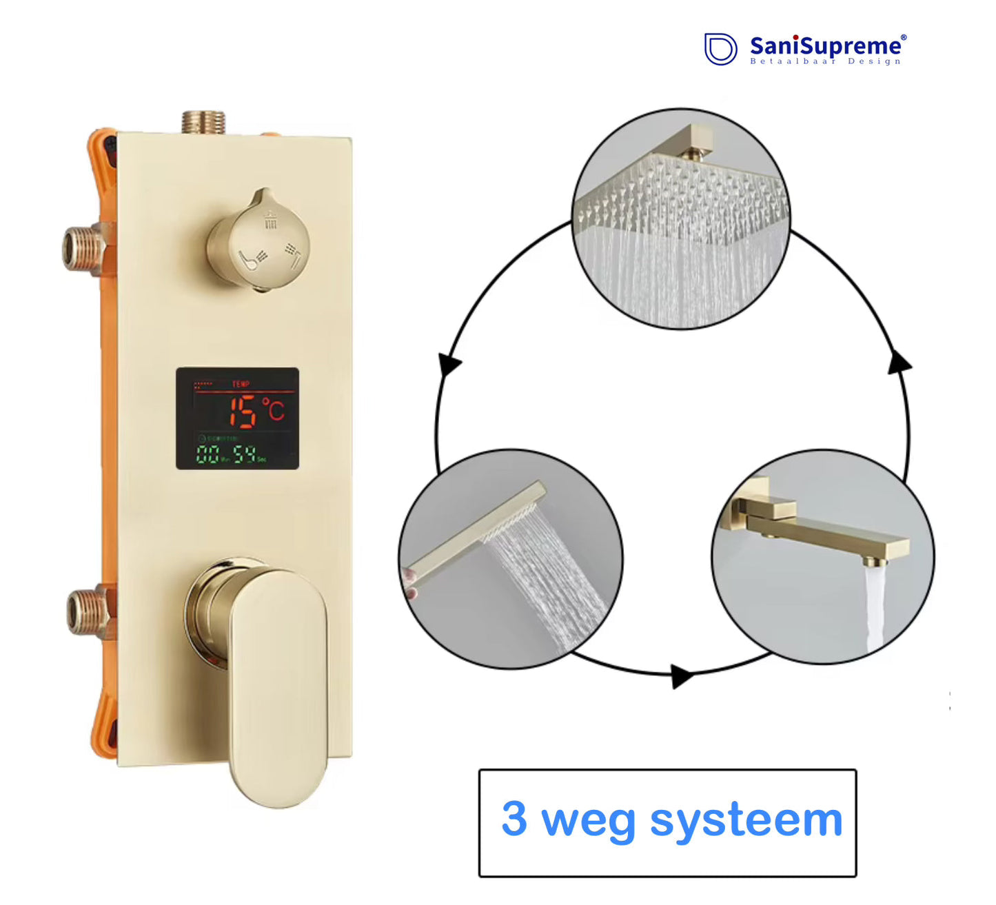 VoordeelPaleis® Doucheset Premium de Luxe LCD 40 cm. regendouche vierkant 3-weg Geborsteld Goud