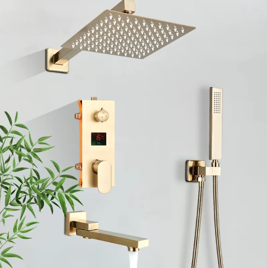 VoordeelPaleis® Doucheset Premium de Luxe LCD 40 cm. regendouche vierkant 3-weg Geborsteld Goud