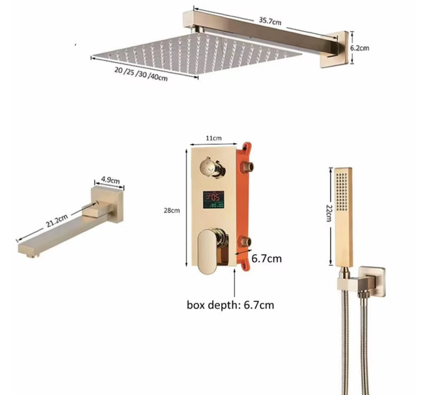 VoordeelPaleis® Doucheset Manhattan Premium de Luxe LCD 30 cm. regendouche vierkant 3-weg Geborsteld Goud